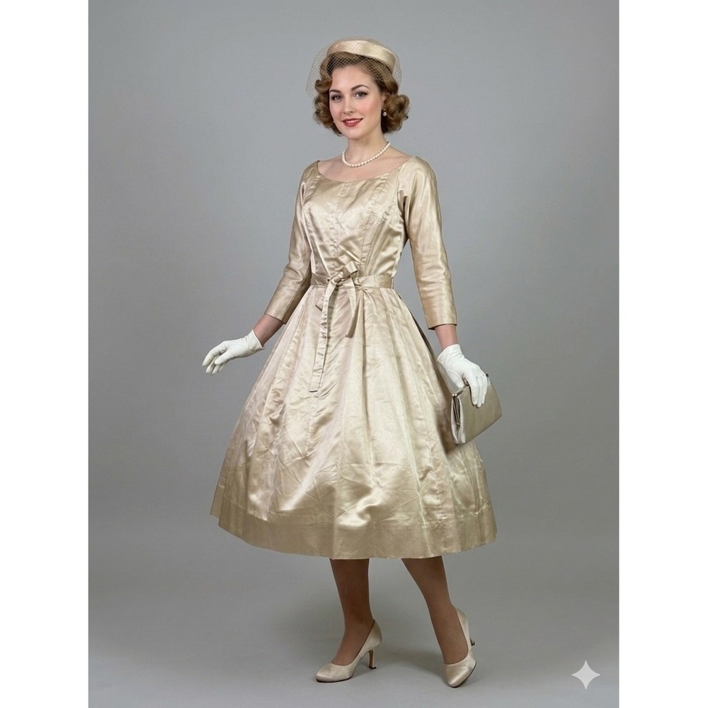 Vintage 1950s Suzy Perette Champagne Silk Satin Dress Fit Flare Cocktail 50s